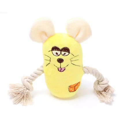 Yellow mouse character dog toy with knotted rope arms, front view