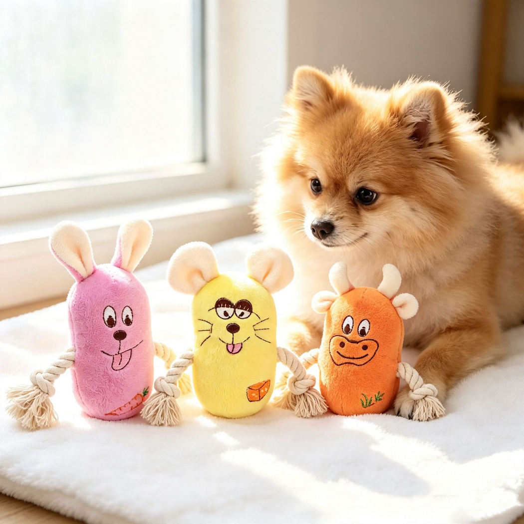 Three animal character dog toys arranged beside a Pomeranian near a sunny window