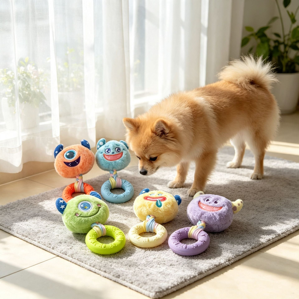 Dog inspecting six colorful monster-face ring toys indoors