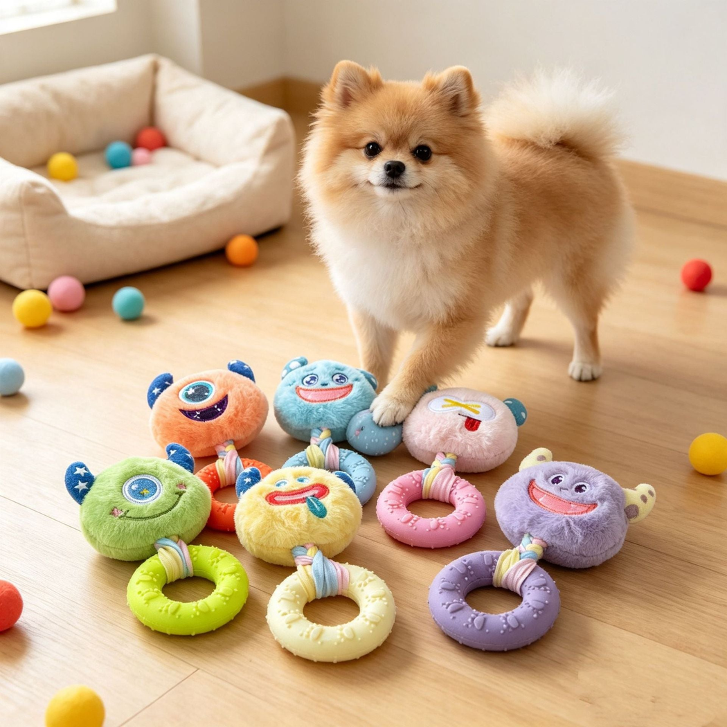 Dog standing beside six colorful monster-face ring toys