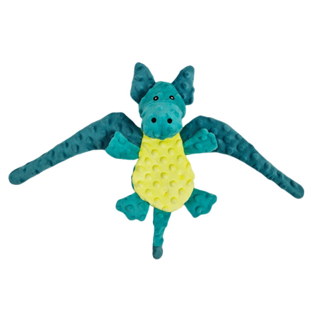 Turquoise and yellow winged dragon dog toy, front view