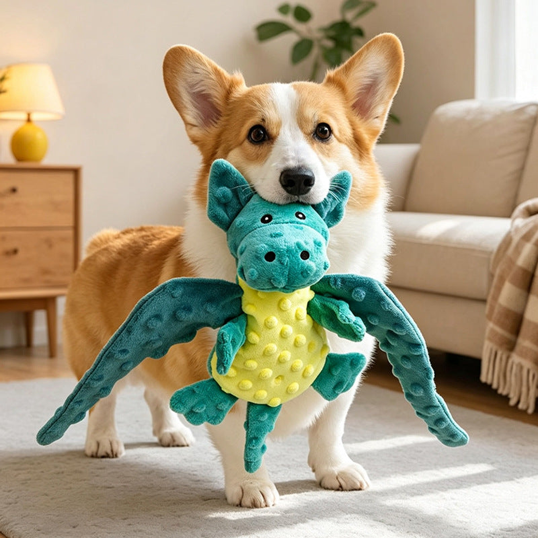 Dog holding a turquoise and yellow winged dragon toy