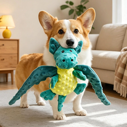 Dog holding a turquoise and yellow winged dragon toy