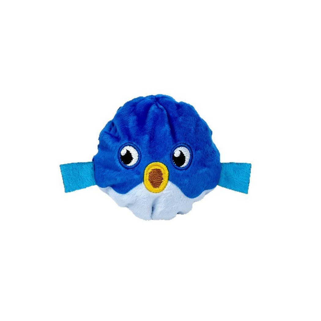 Blue pufferfish character dog toy, front view