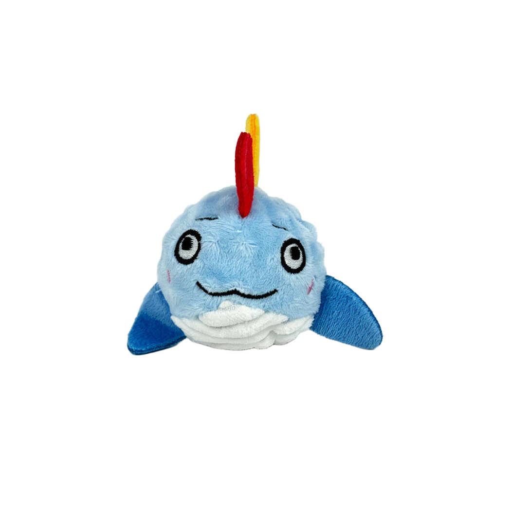 Light blue dolphin character dog toy, front view