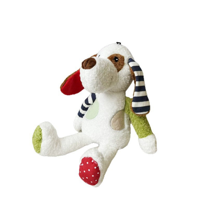 Multicolor dog toy with floppy ears on a white background