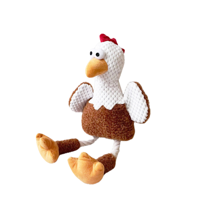Chicken character dog toy with white wings, orange beak, and long legs