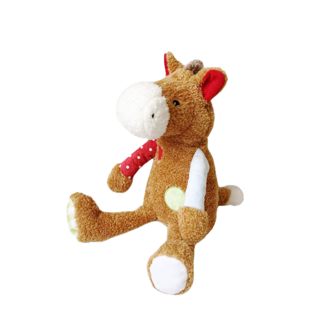 Horse character dog toy with contrasting muzzle and patchwork limbs