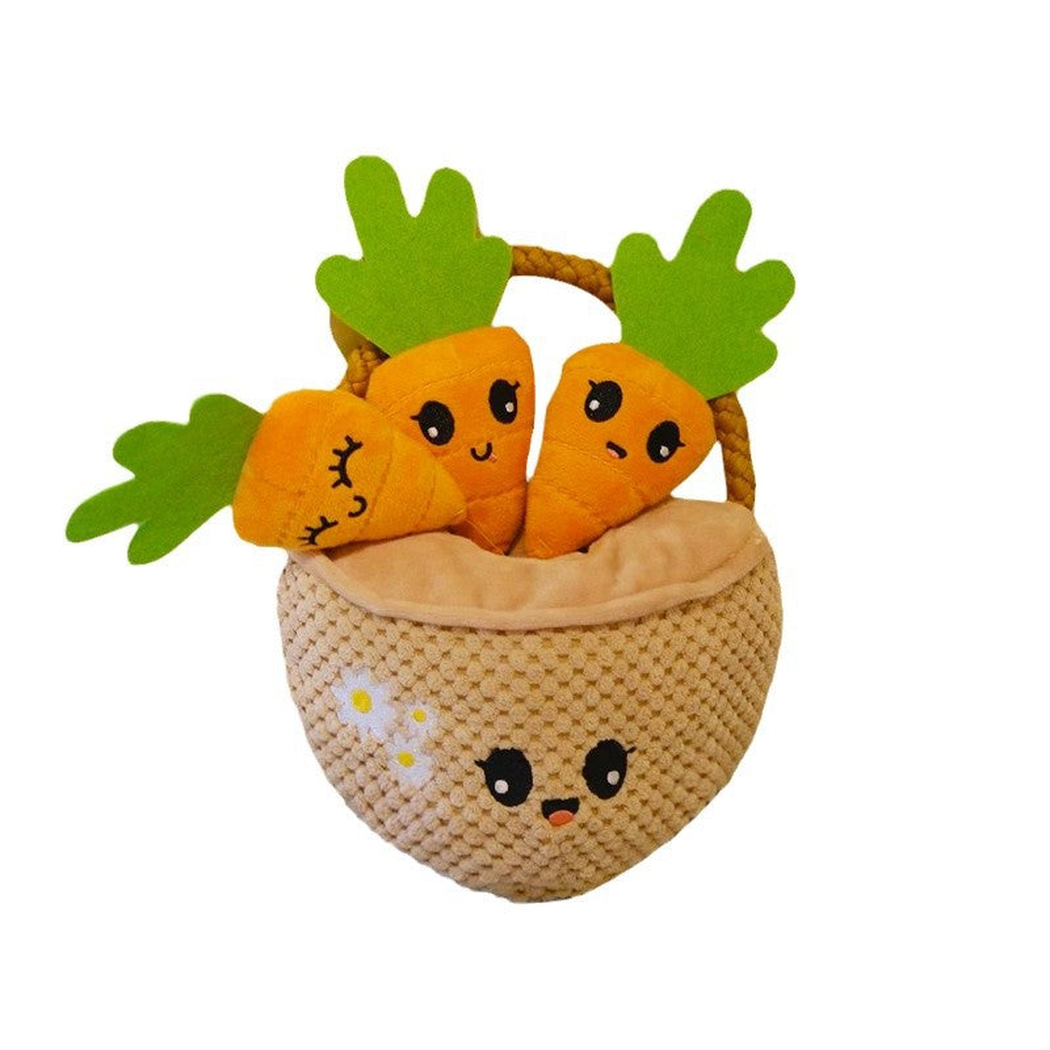 Carrot basket dog toy with three carrot pieces, front view