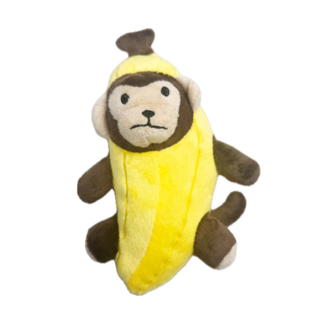 Yellow banana monkey dog toy on a white background