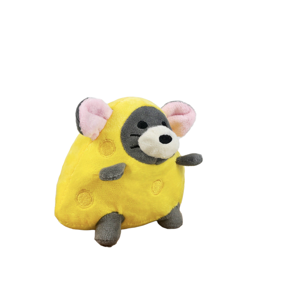Yellow cheese mouse dog toy, three-quarter view