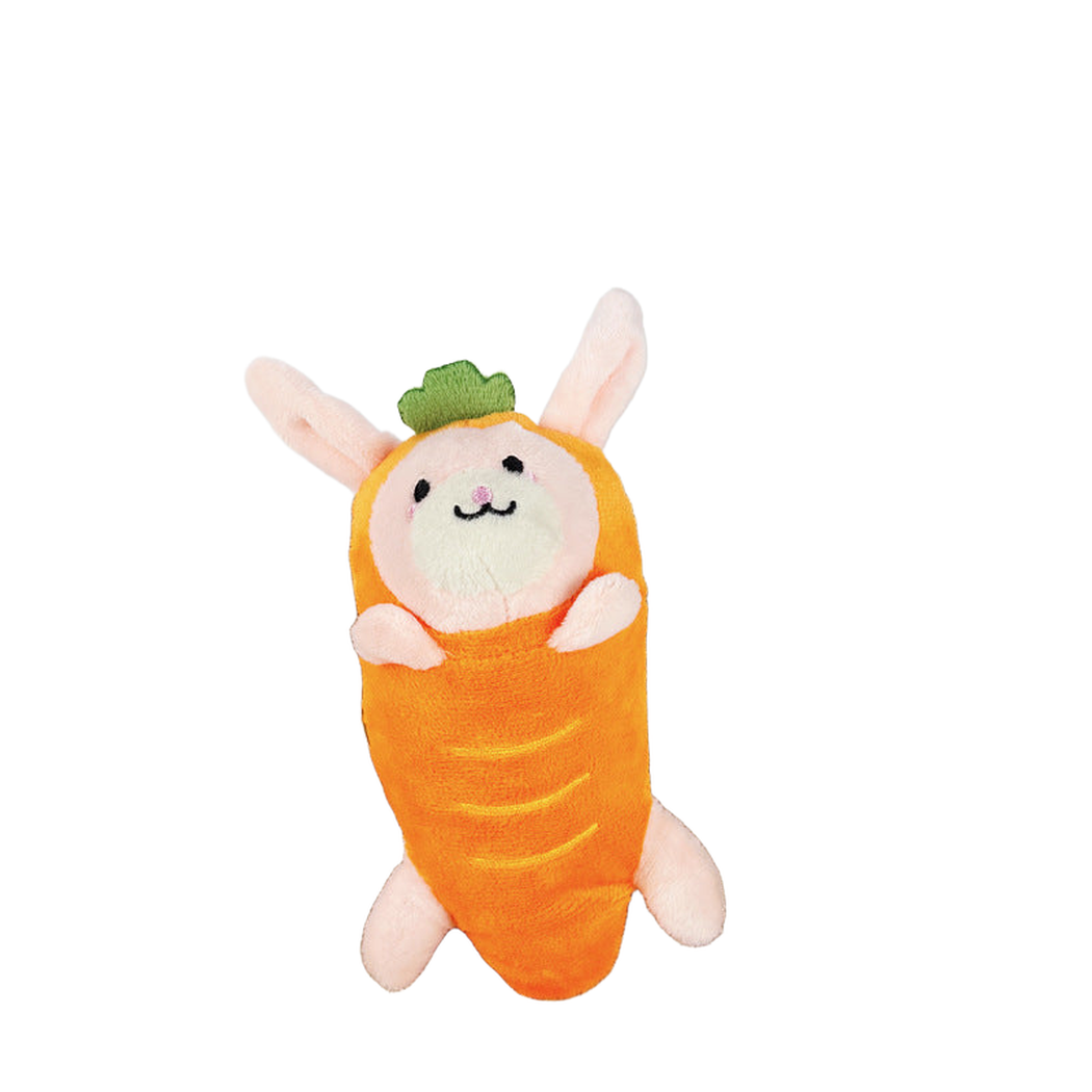 Orange carrot rabbit dog toy, front view