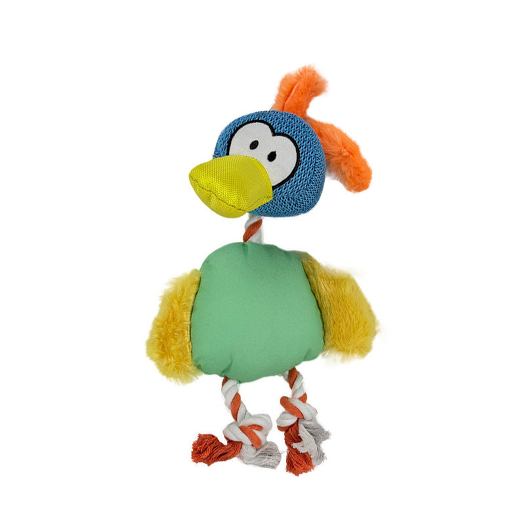 Multicolor duck-shaped dog toy with fuzzy wings and knotted rope feet