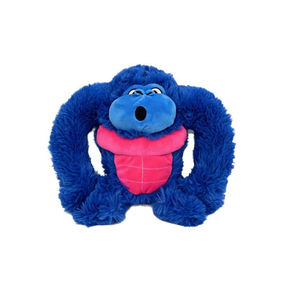 Blue fuzzy gorilla dog toy with pink chest panel, front view