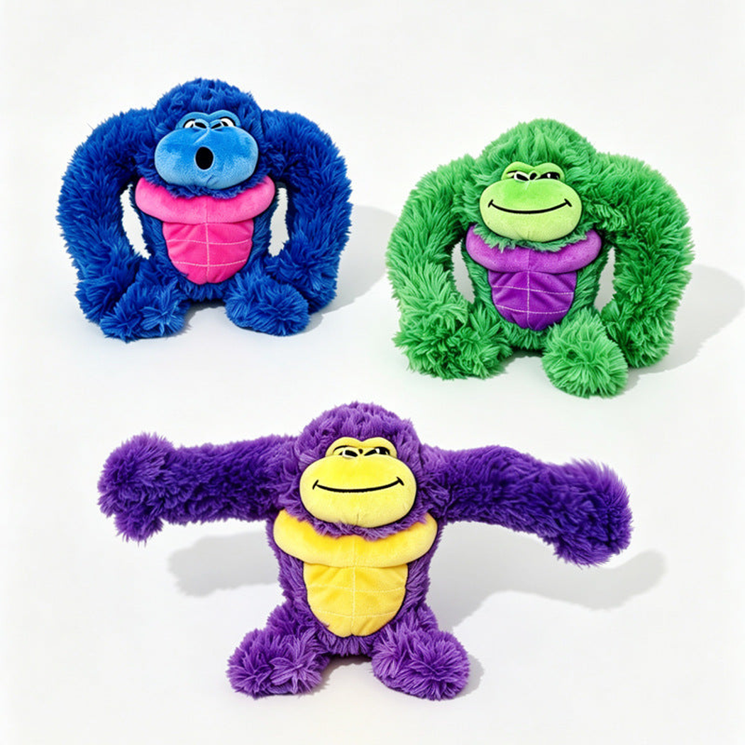 Blue, green and purple fuzzy gorilla dog toys displayed together