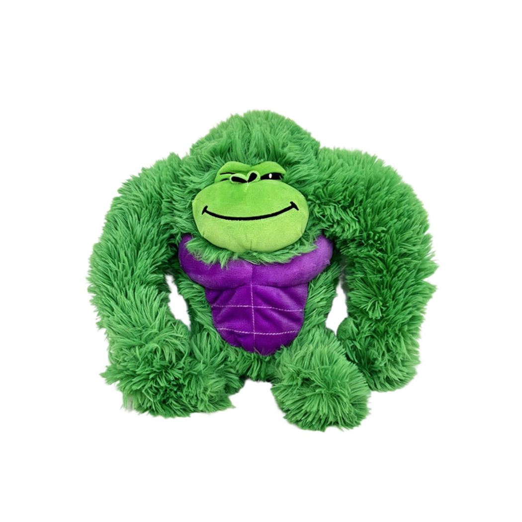 Green fuzzy gorilla dog toy with purple chest panel, front view