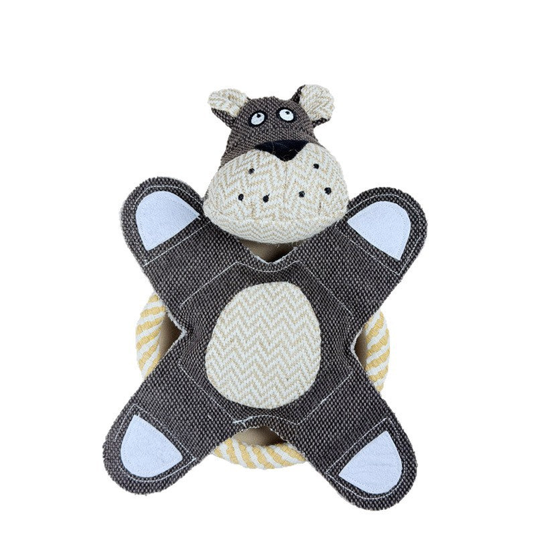 Dark brown dog character rope-ring dog toy, front view