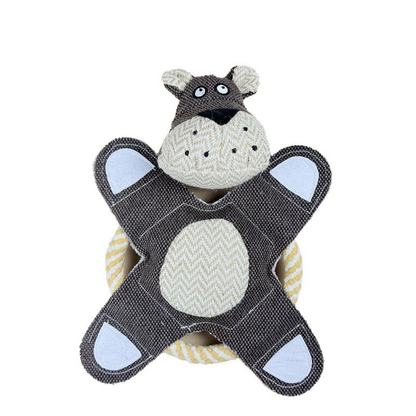 Dark brown dog character rope-ring dog toy, front view