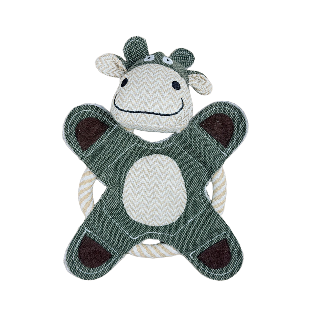 Green cow character rope-ring dog toy, front view