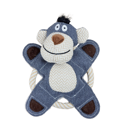 Blue-gray monkey character rope-ring dog toy, front view