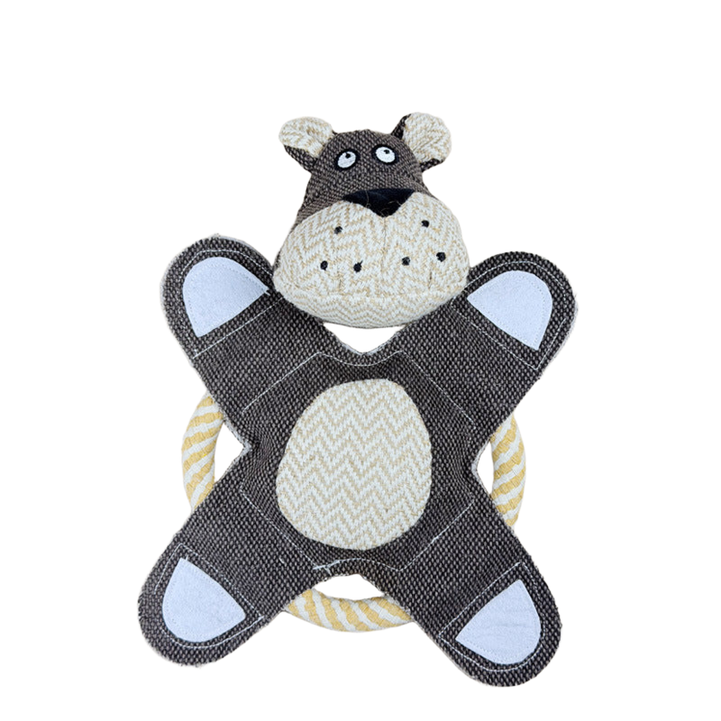Dark brown dog character rope-ring dog toy, front view