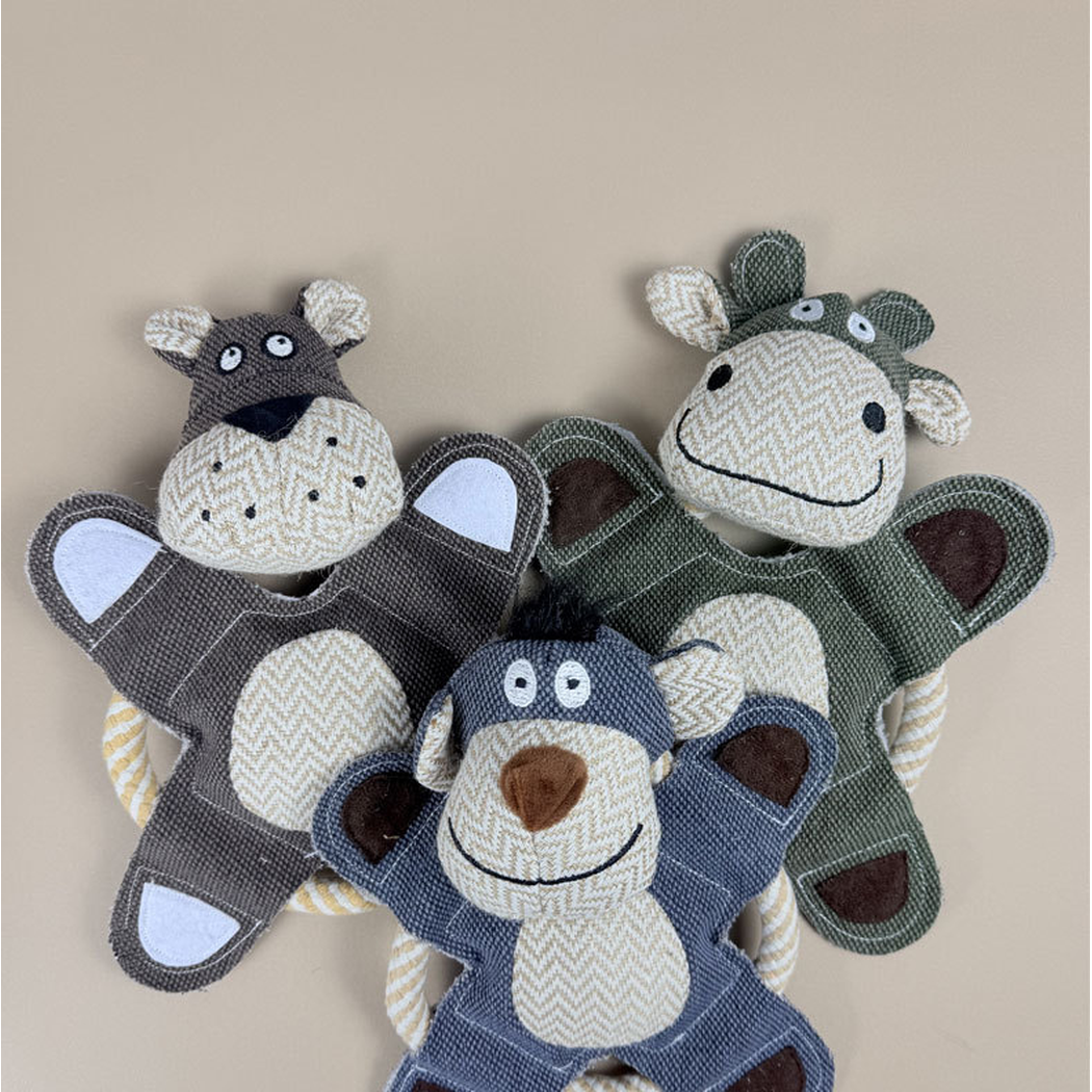 Three animal character rope-ring dog toy designs displayed together