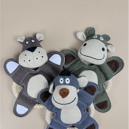 Three animal character rope-ring dog toy designs displayed together