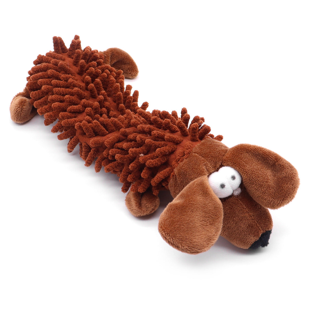 Brown dog-character dog toy with a tufted elongated body