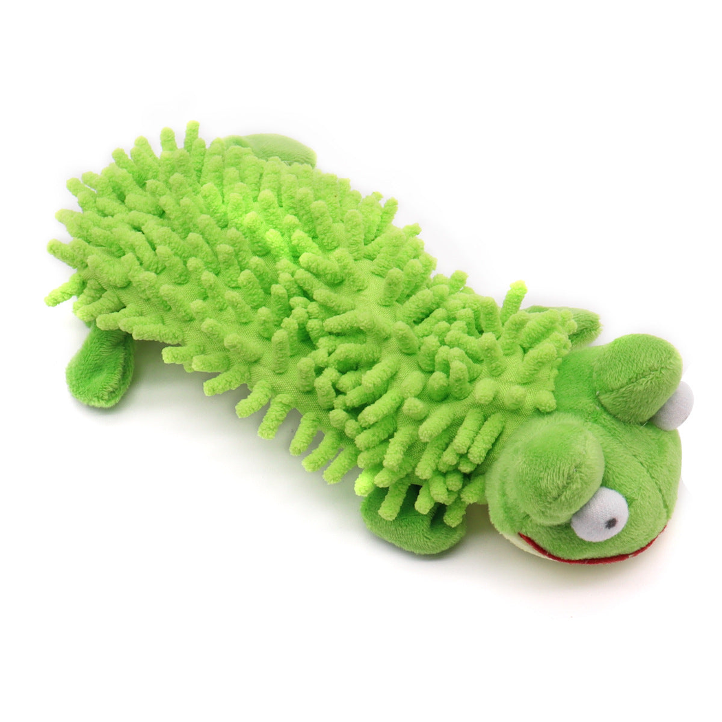 Green frog-character dog toy with a tufted elongated body