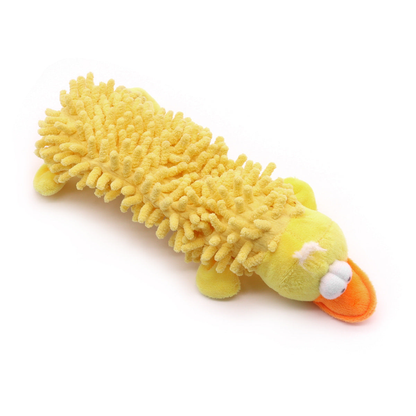 Yellow duck-character dog toy with an orange bill