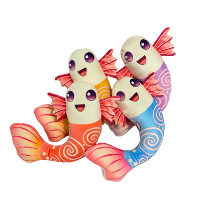 Four fish-shaped dog toy color variants grouped on a white background