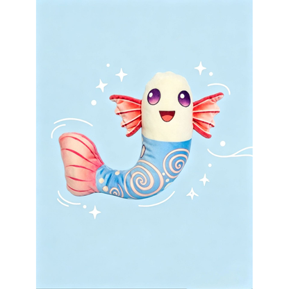 Blue fish-shaped dog toy with pink fins and spiral pattern