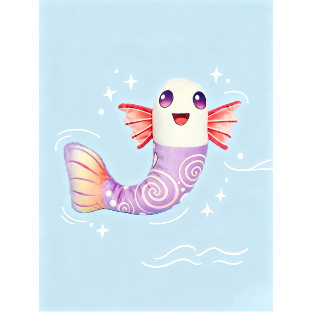Purple fish-shaped dog toy with pink fins and spiral pattern