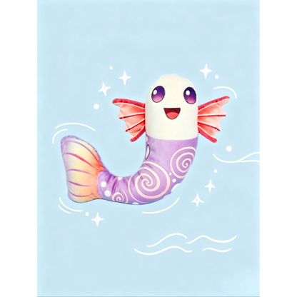 Purple fish-shaped dog toy with pink fins and spiral pattern