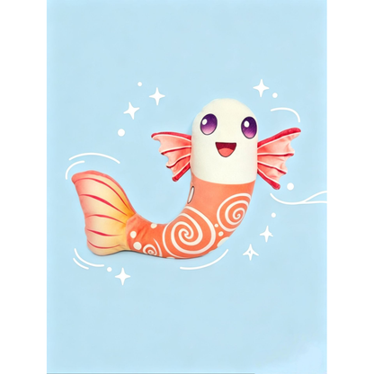 Orange fish-shaped dog toy with pink fins and spiral pattern
