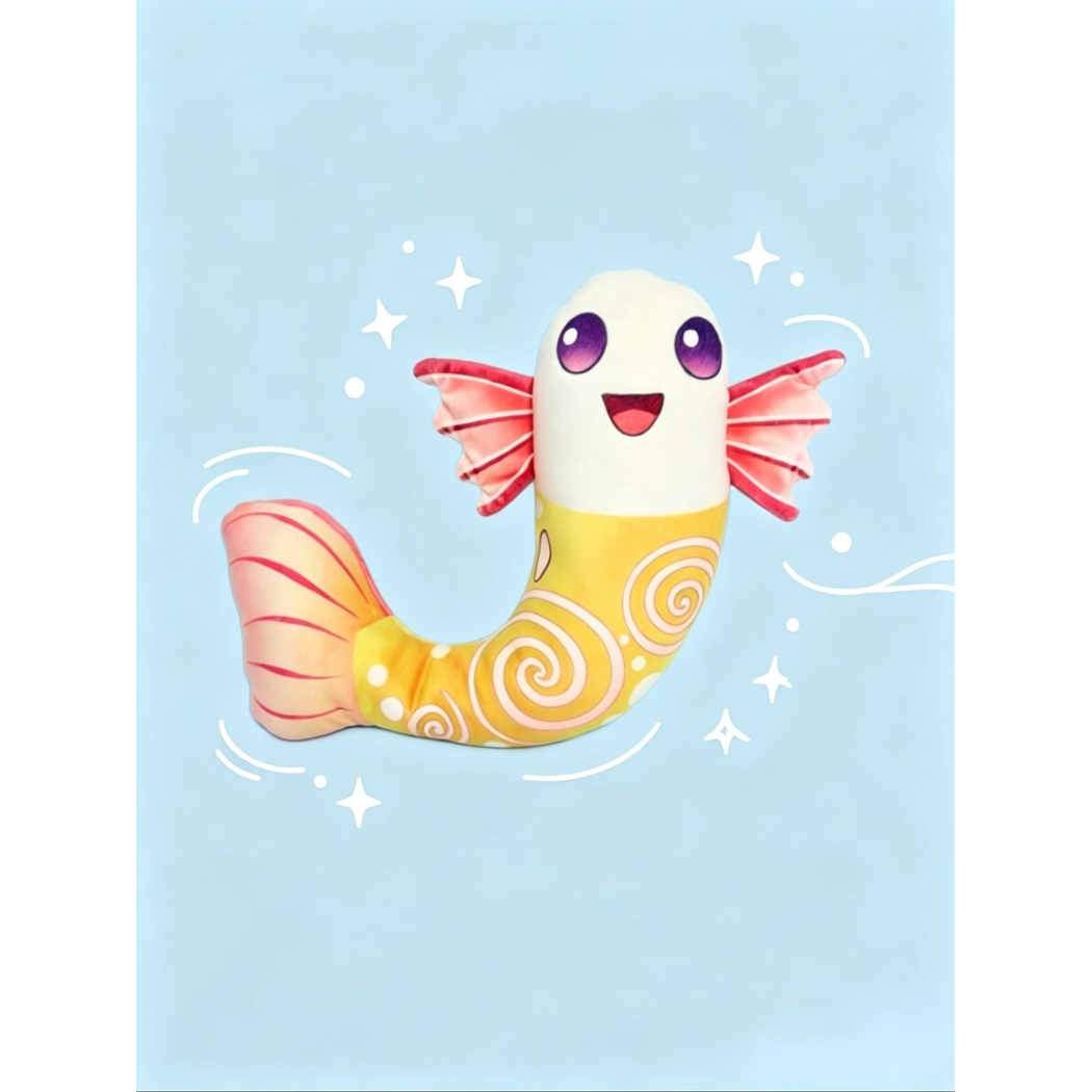 Yellow fish-shaped dog toy with pink fins and spiral pattern
