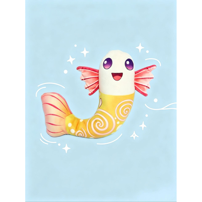 Yellow fish-shaped dog toy with pink fins and spiral pattern