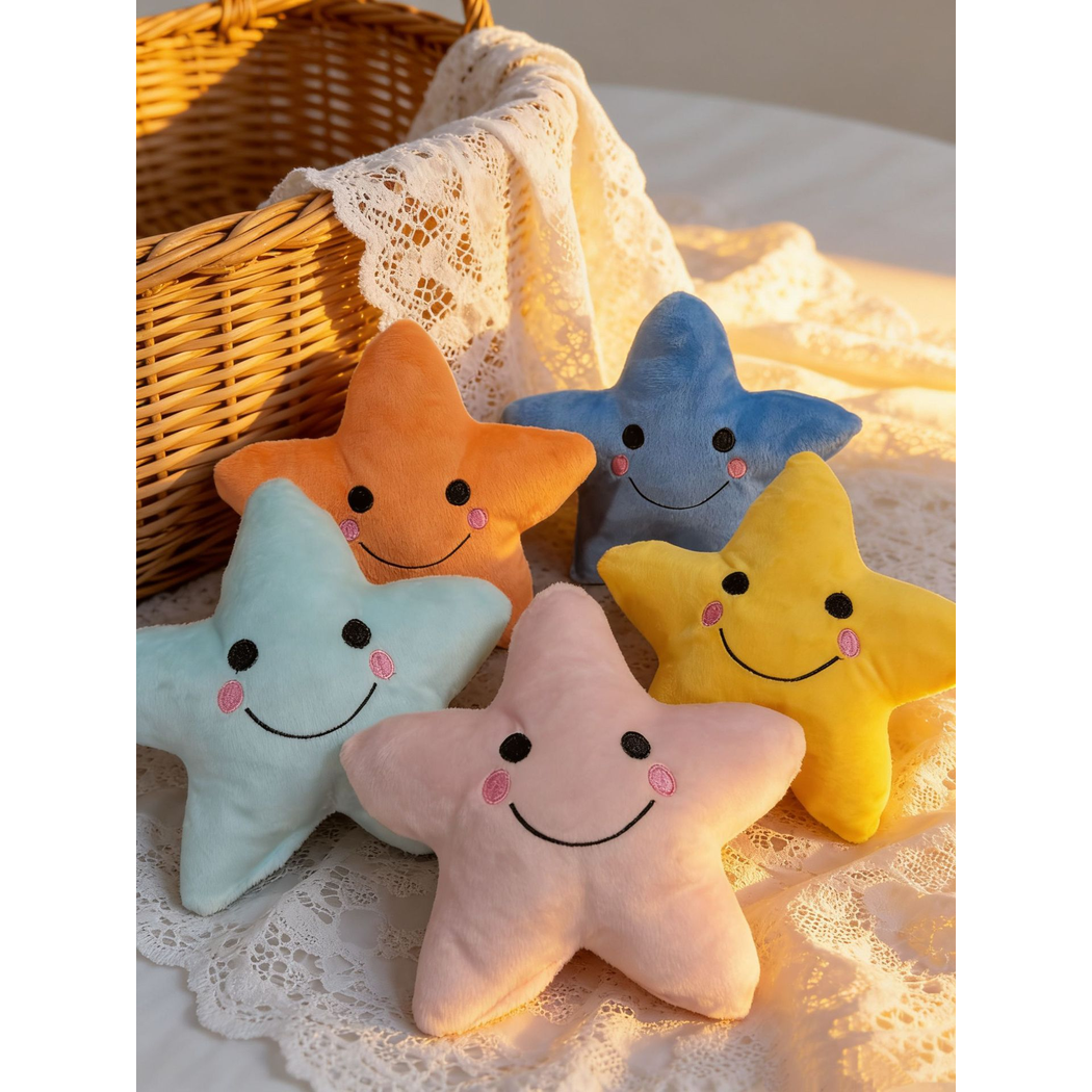 Five colorful star-shaped dog toys displayed together beside a wicker basket