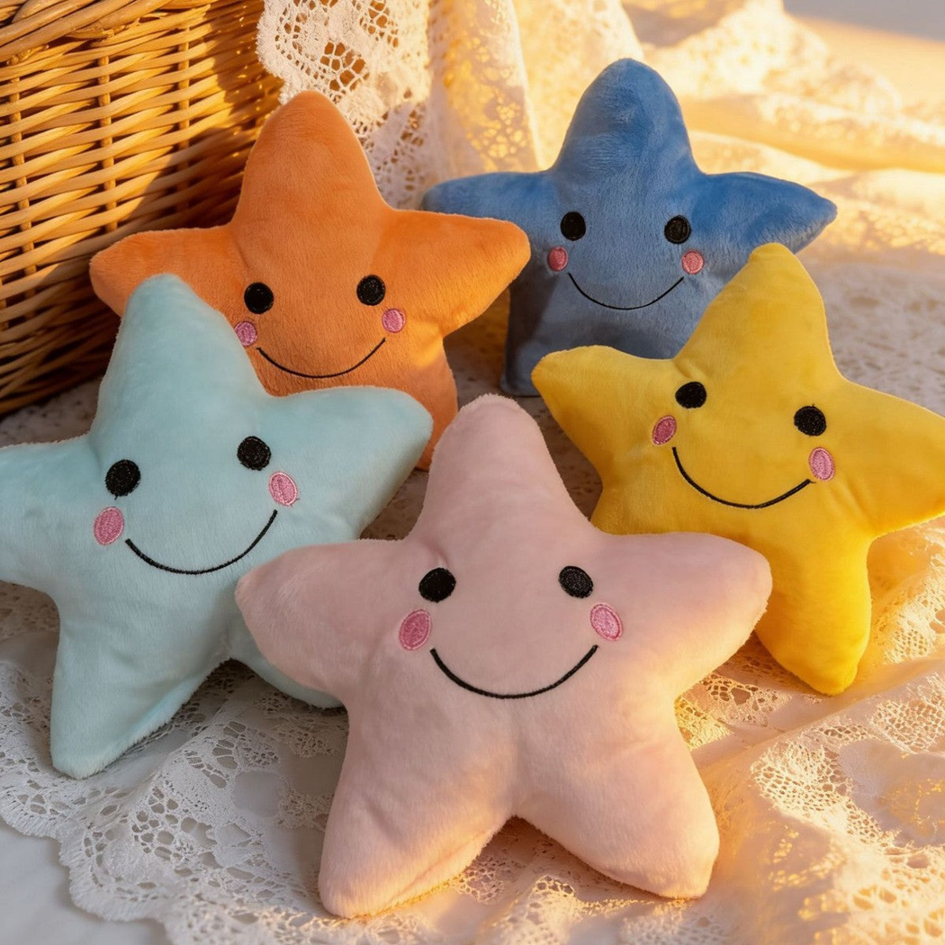 Five colorful star-shaped dog toys arranged in warm indoor light