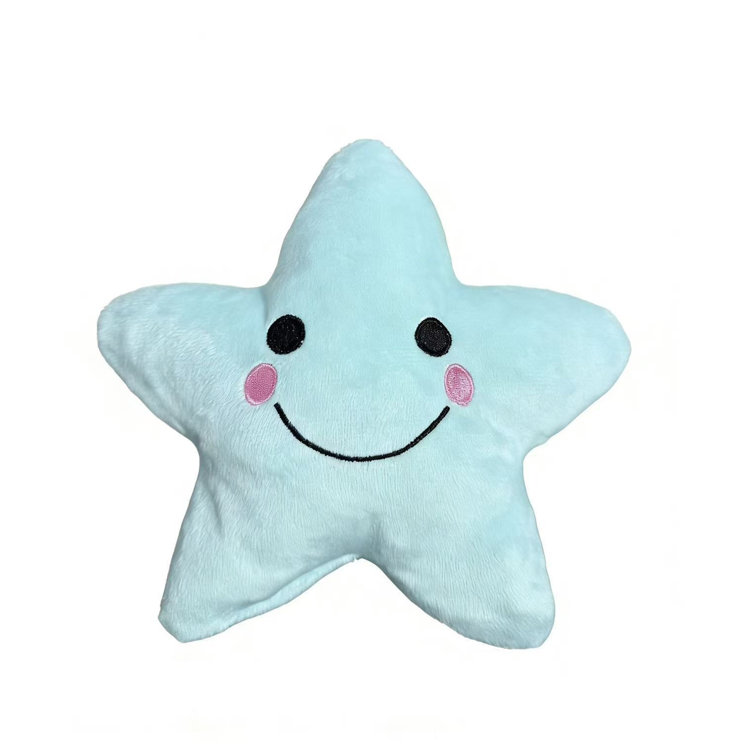 Light blue star-shaped dog toy with stitched smiling face, front view