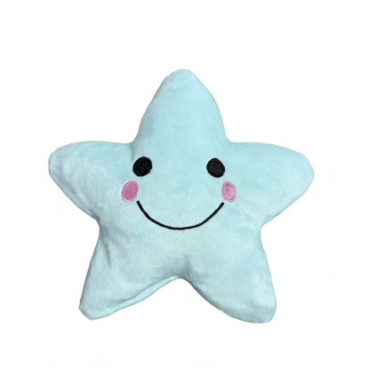 Light blue star-shaped dog toy with stitched smiling face, front view