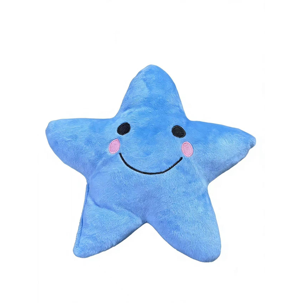 Medium blue star-shaped dog toy with stitched smiling face, front view