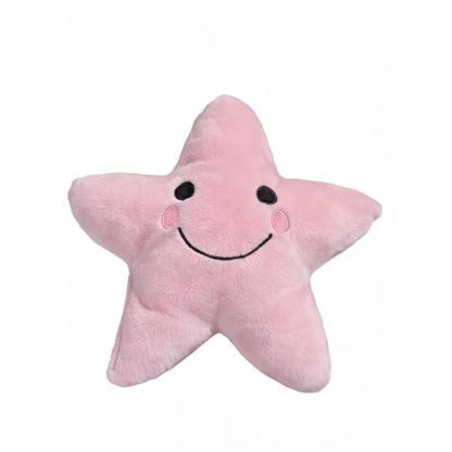 Pink star-shaped dog toy with stitched smiling face, front view