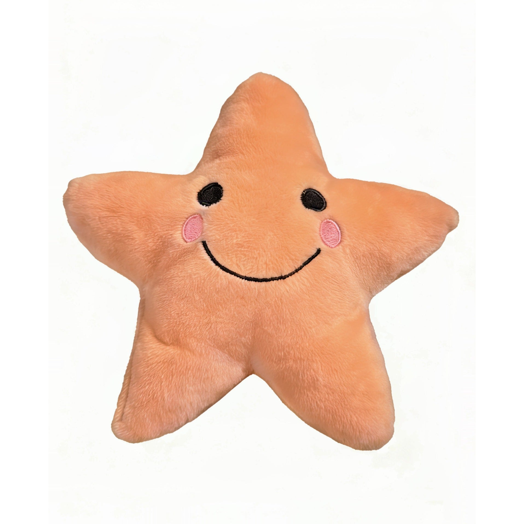Orange star-shaped dog toy with stitched smiling face, front view