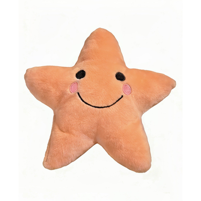 Orange star-shaped dog toy with stitched smiling face, front view