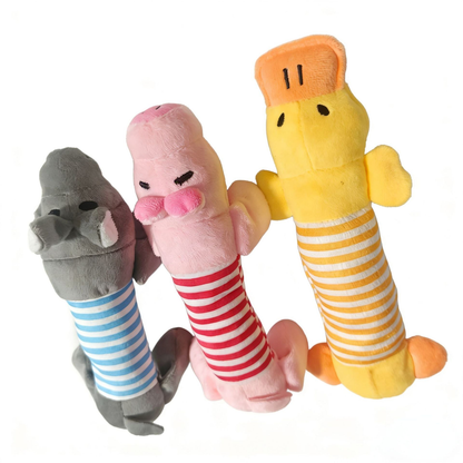 Pink, gray and yellow striped character dog toys displayed together