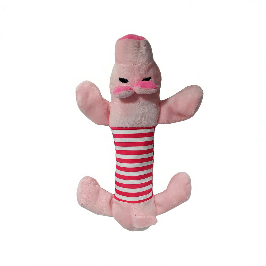 Pink moustached character dog toy with red striped center panel, front view