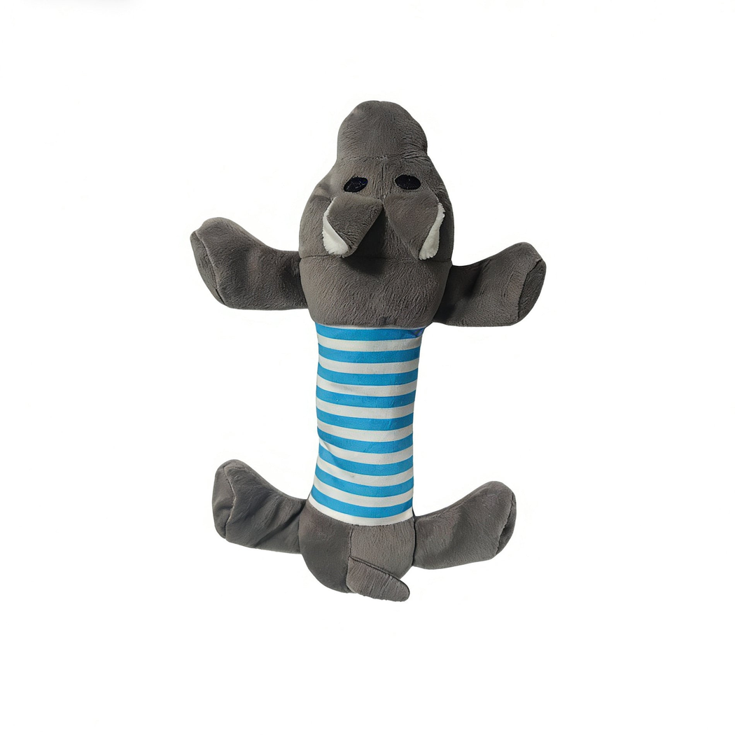 Dark gray walrus character dog toy with blue striped center panel, front view