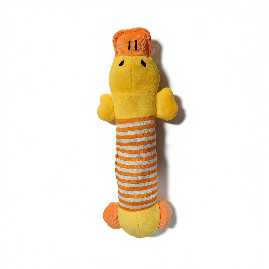 Yellow duck character dog toy with orange striped center panel, front view