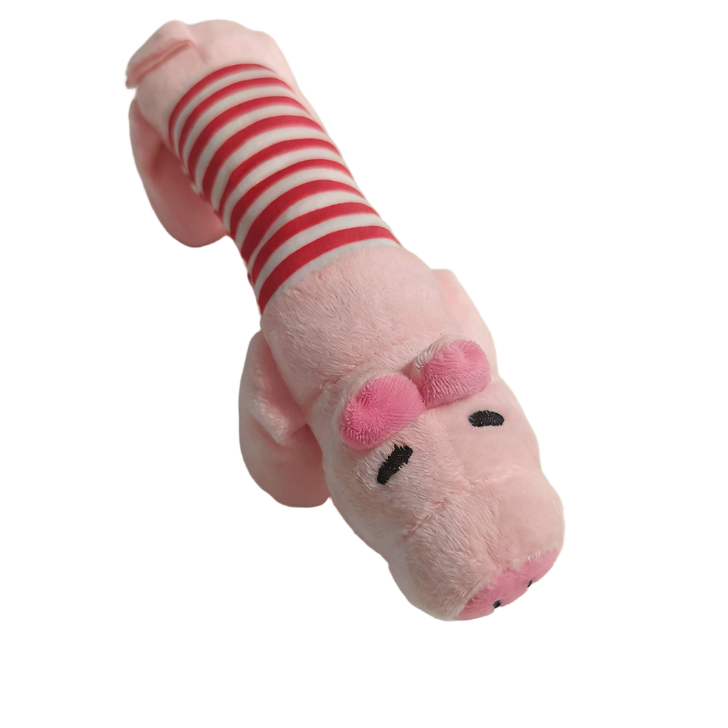 Pink moustached character dog toy in a top angled view with dimensions
